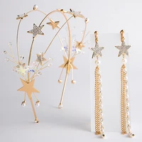 golden color simple crown with earrings stars bridal tiara wedding hair accessories headband fashion crowns girls hair jewelry
