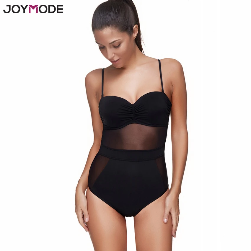 

JOYMODE Women Swimsuit Padded Under Wire Push Up One Piece Sexy Mesh Swimsuit Swimwear Hollow Out Black Summer Bathing Suit
