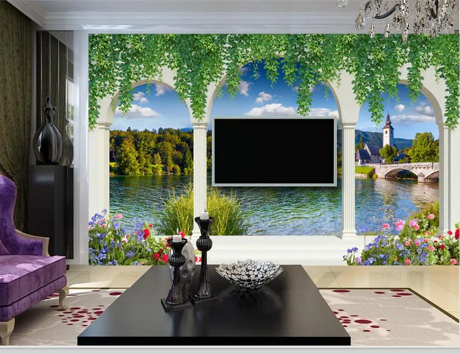 Пользовательские 3d стереоскопические фотообои римские колонны озеро пейзаж