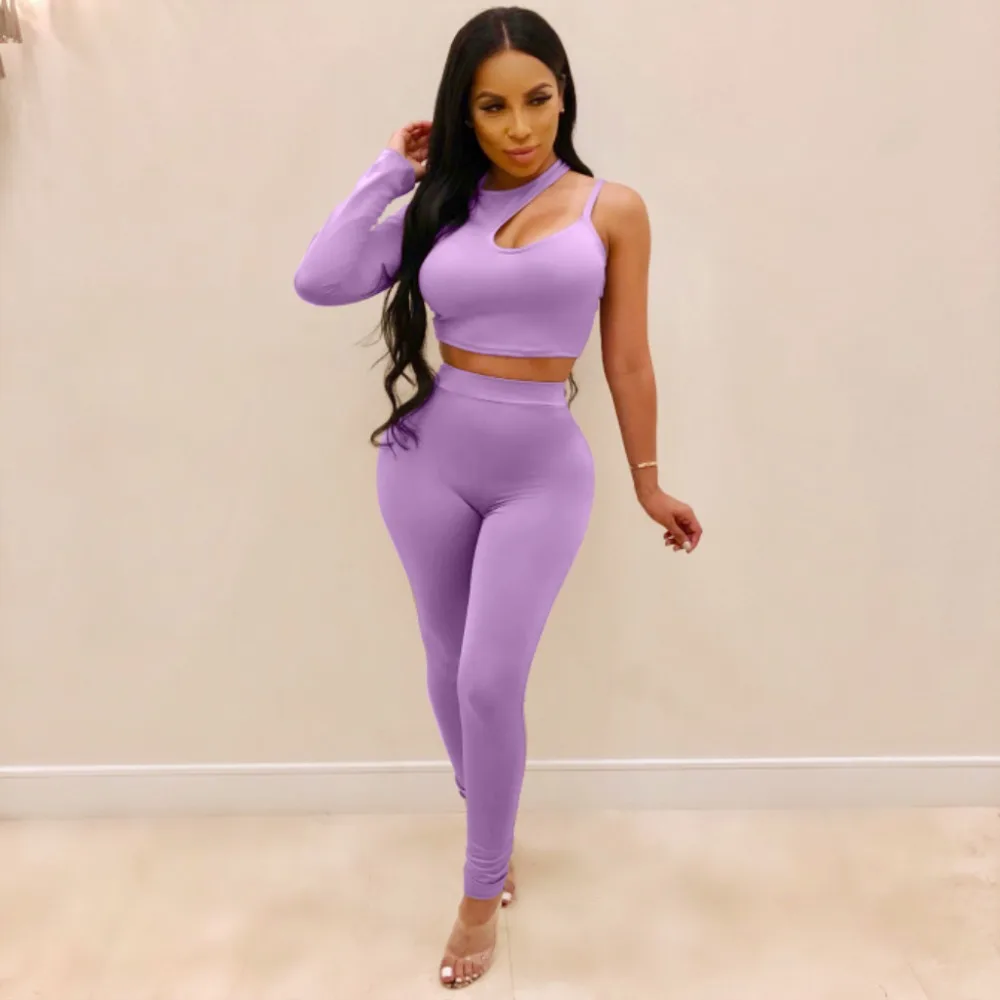 

Purple One Sleeve Women Tops With Pants Sexy Women Two Piece Suits