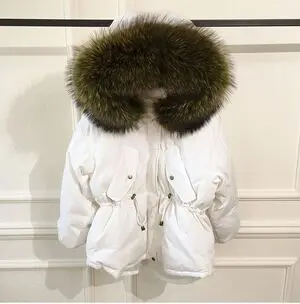 big green fur Большой натуральный мех енота Новое Женское пальто Высокое качество зимняя куртка Женский Теплый свободный пуховик парка белый пуховик - Color: big green fur