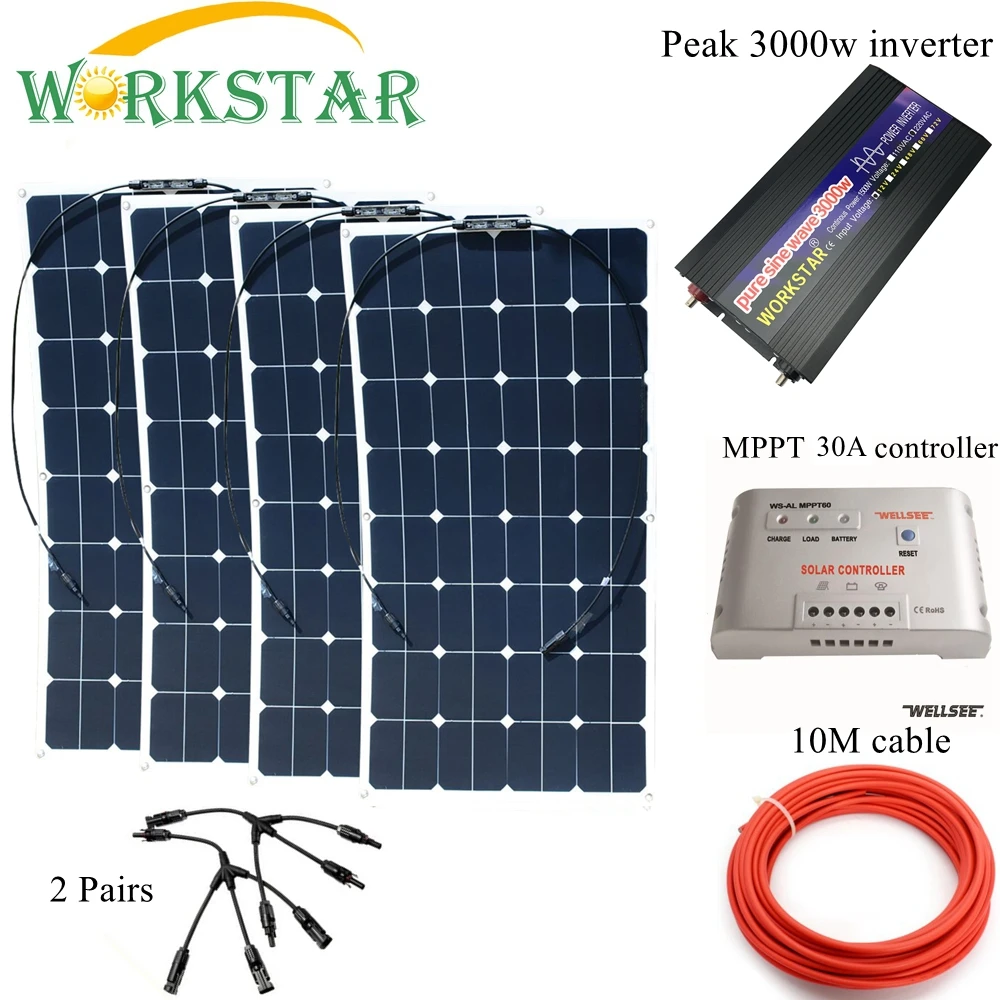 WORKSTAR 4*100 Вт Sunpower гибкие солнечные панели с 30A контроллером и 3000 инвертором 400