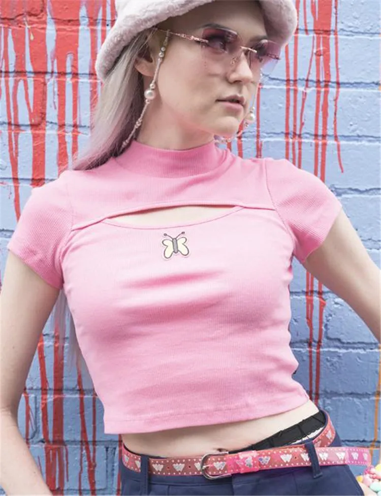 Kawaii cute chic sweet girl cropped pink butterfly embroidery hollow out crop tops short tshirt women | Женская одежда