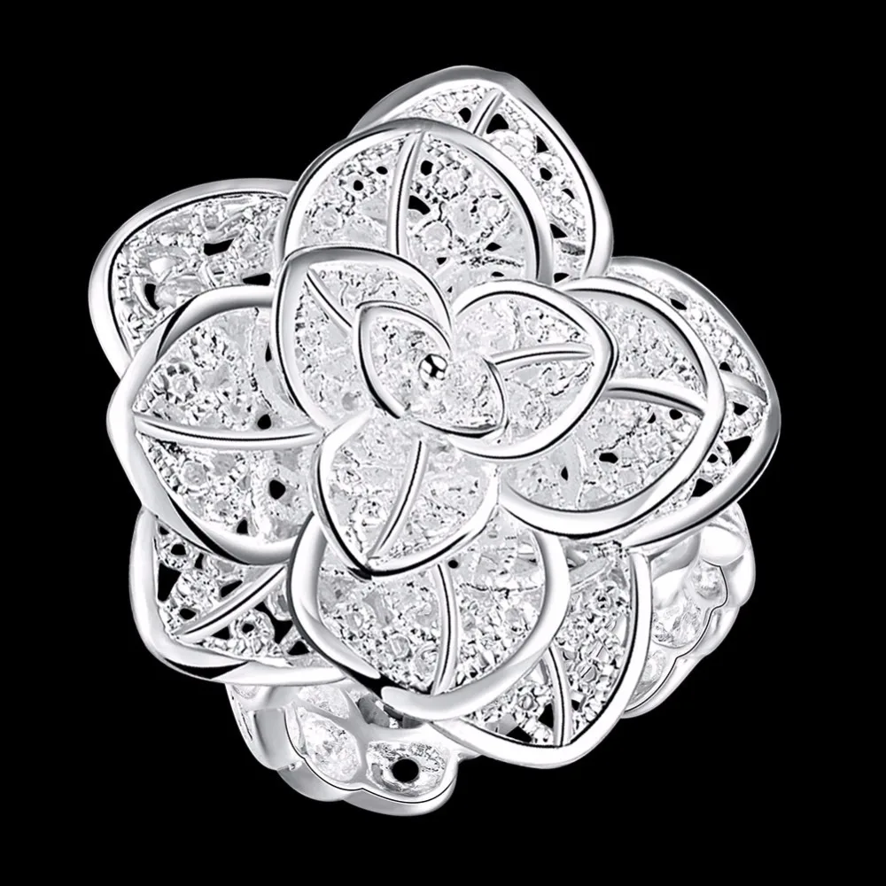 Серебряные кольца 925 Открытое кольцо с 3D цветком розы ПЕРФОРИРОВАННОЕ