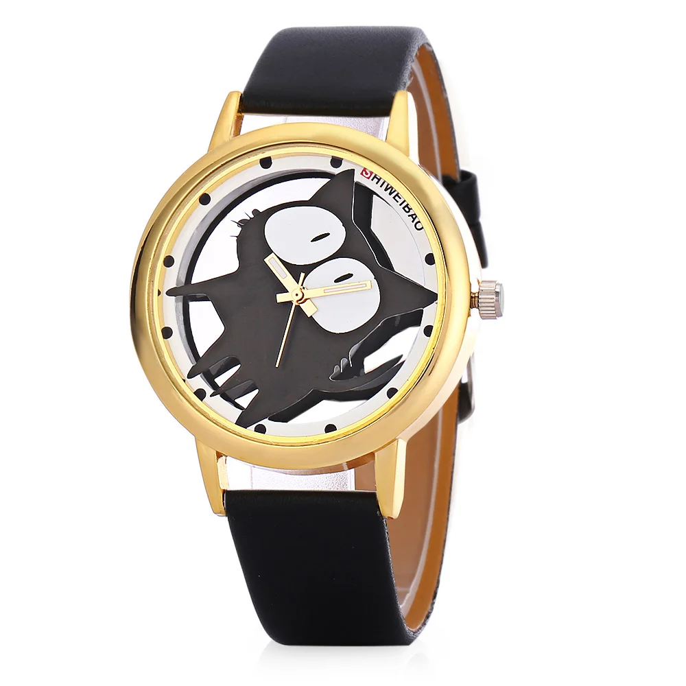 

Hot Fashion Women Watches Gold Case Luxury Leather Bracelet Watch Women Quartz Ladies Watch Creative Cartoon Cat Relojes Mujer