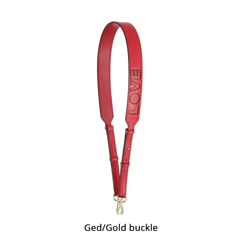 Red Gold Button Широкий плечевой ремень из воловьей кожи с надписью LOVE 103 см-110 см, можно регулировать сумку с заклепками и сердечками, универсальный ремень из натуральной кожи - Цвет: Red Gold Button