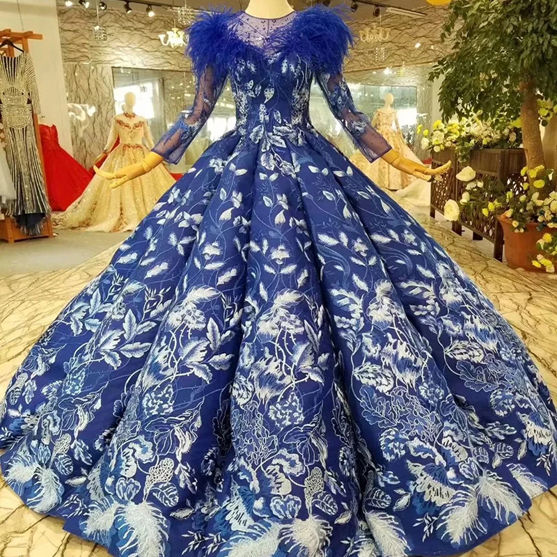 LSS377 blue prom dresses ball gown feather o neck long sleeve muslim evening dress floor length pleat party dresses ladies
