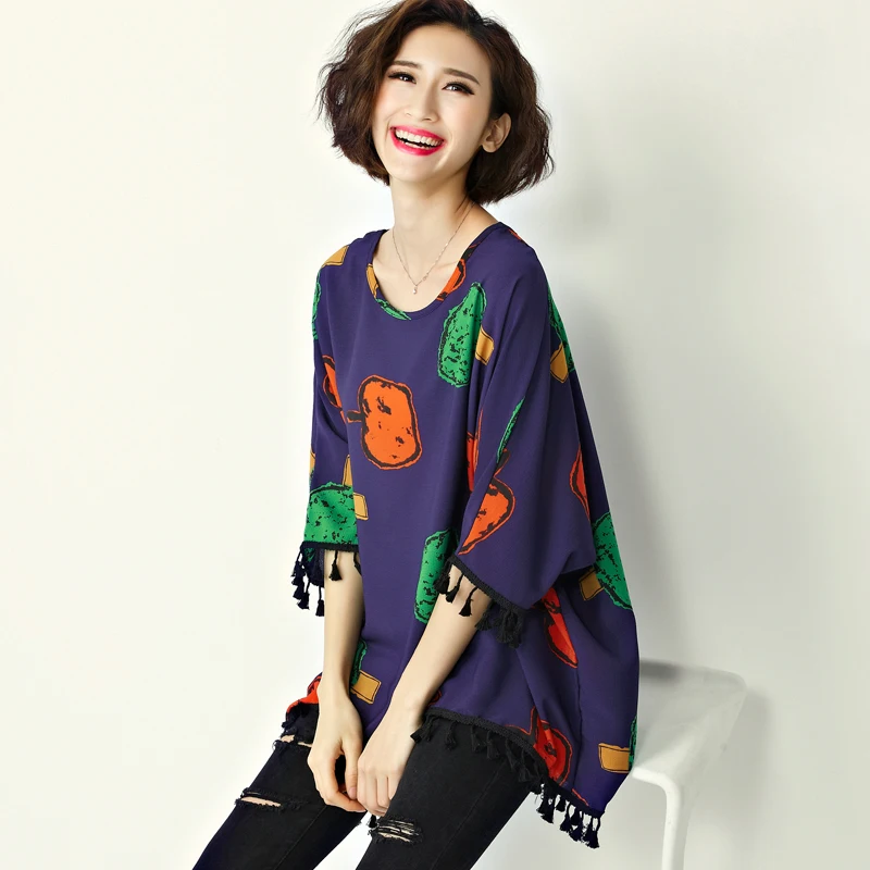 Шифон С Коротким Рукавом Блузка Женская Batwing Кисточкой Печатных Blusas Мухерес