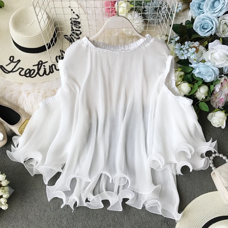 ALPHALMODA новые винтажные шифоновые блузки с открытыми плечами с расклешенными рукавами Женские однотонные свободные полупрозрачные элегантные блузки рубашка