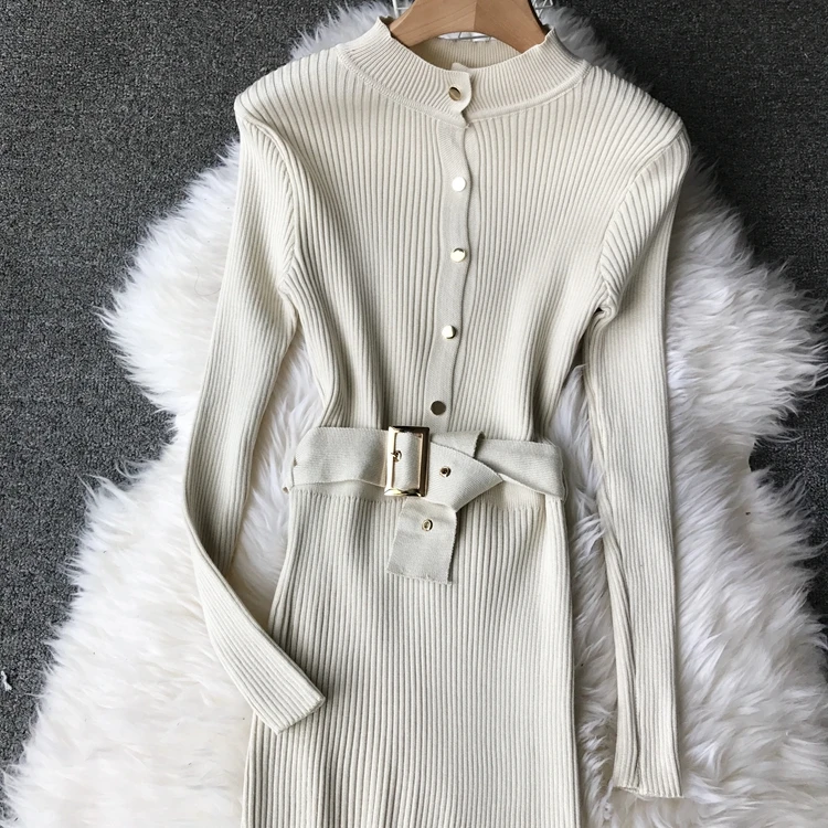 ALPHALMODA элегантные офисные платья вязаное платье Однобортный высокого пояса