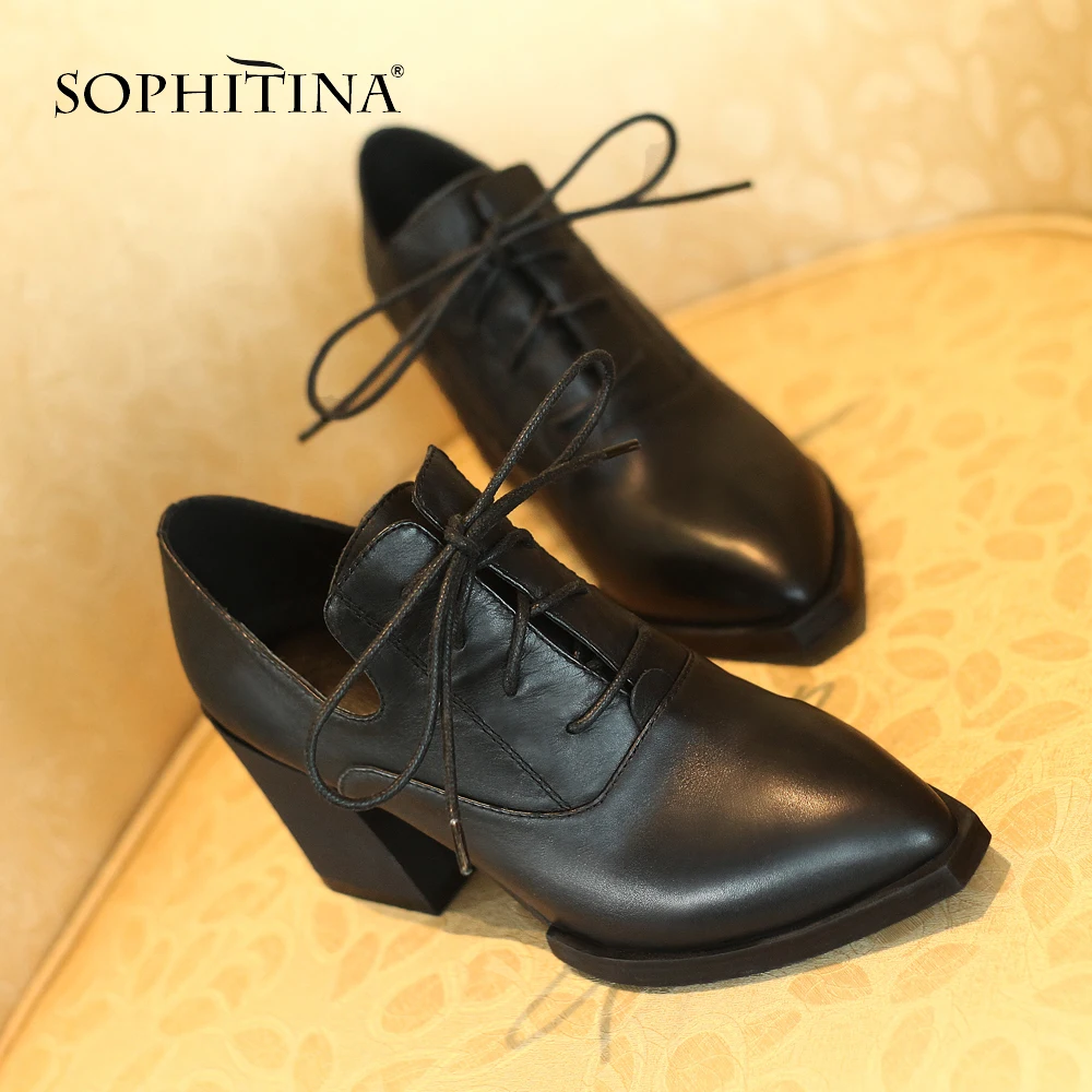 

SOPHITINA Mature Women's Pumps Genuine Leather Fashion Cross-Tied Pointed Toe Shoes Comfortable Square Heel Casual Pumps MO39