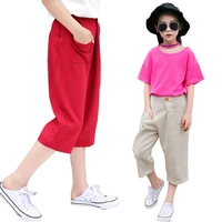 new 4 14y 2021 summer solid color linen pleated children knee length pants for baby boys girls pants harem pants for kids child