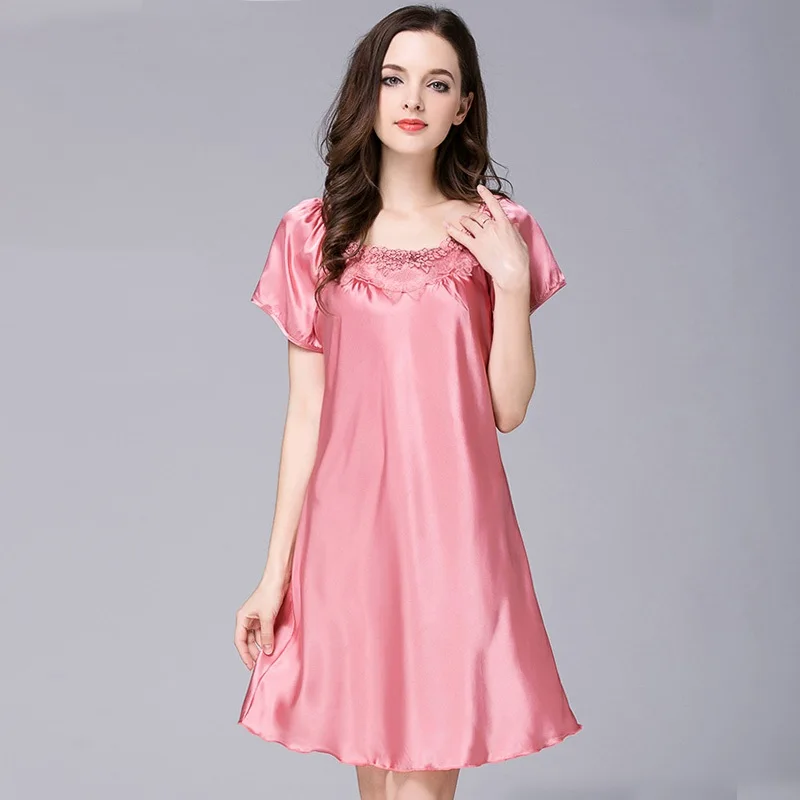 

Women Silk Nightgown Summer Satin Silk Sleepshirt Woman Sleep Sexy V Neck Sleepwear Short Sleeve Comfortable Homewear
