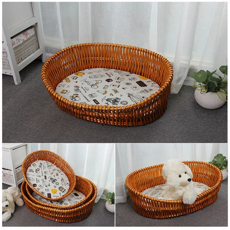Плетеный питомник для кошек, собак, кровать из ротанга, гнездо для домашних животных, плюшевый большой домик для собак с подушками и ковриками, можно стирать, четыре сезона, удобные кровати для домашних животных