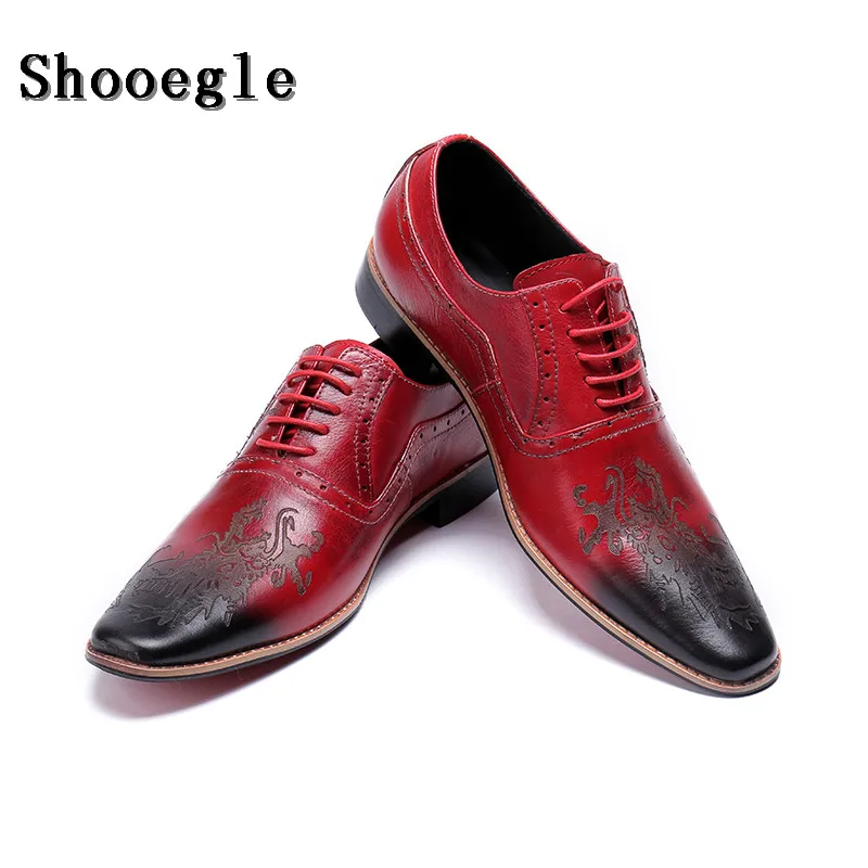 Мужские классические деловые туфли SHOOEGLE красные кожаные оксфорды на шнуровке в