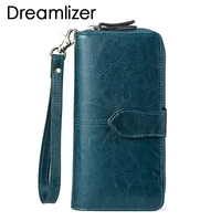 brand wax oil real leather women wallet large compartment long leather female clutch purse cellphone bag coin wallet lady