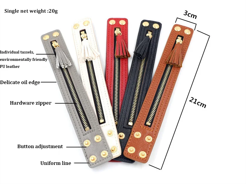 

LEADERBEADS Women's Environmental PU Leather Dangle Tassel Hardware zipper Bracelet Personality Adjust Double Buckle Bangle Gift
