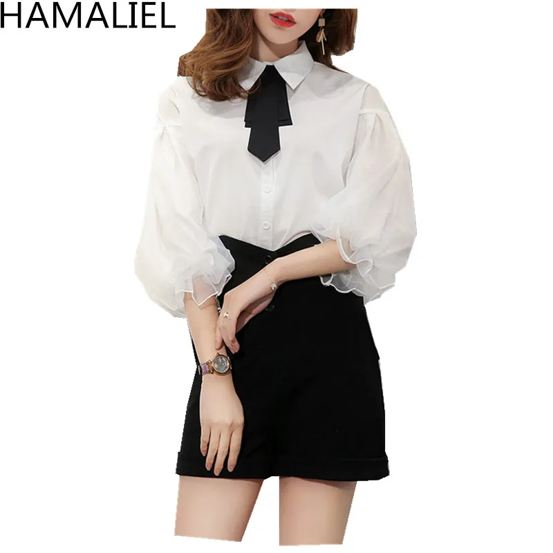HAMALIEL, корейский стиль, Blusas, лето, женская белая рубашка с рукавом-фонариком и бантом, Повседневная рубашка, воротник с лацканами, женская блузка, Топ