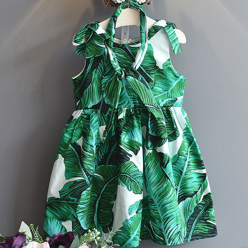 Girls Dress 2020 Summer New Green Leaf Princesses Vest Dresses + Headband Kids Clothes For Girl | Детская одежда и обувь