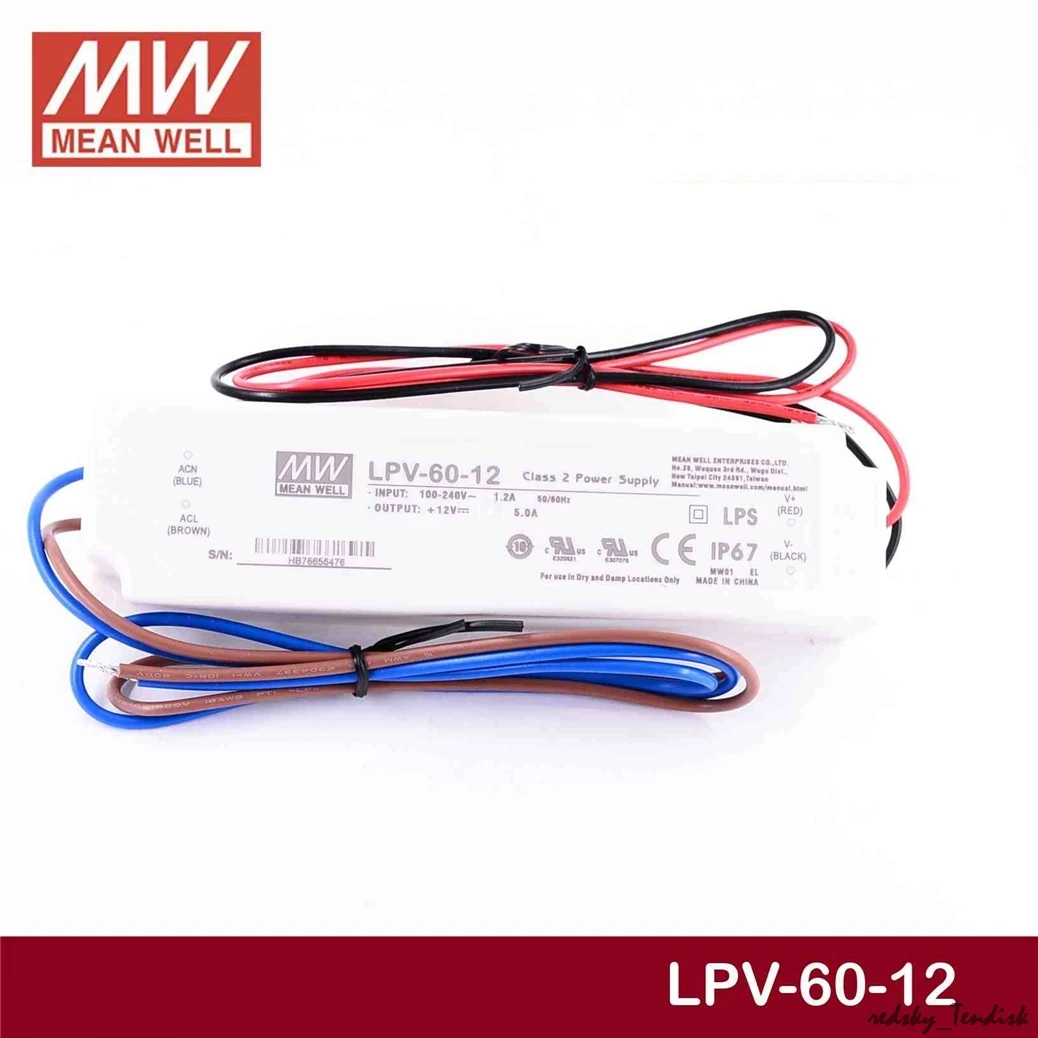3,28) Водонепроницаемый источник питания Meanwell 60W IP67 LPV-60-24V 5V 12V 15V 36V 48V 2.5A 4A 5A 8A DC светодиодный светильник