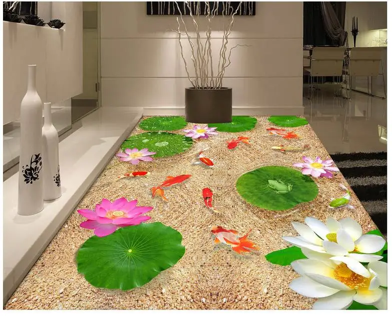 3D стереоскопический лотос рыба песок пол видео на заказ фото Самоклеящиеся Пол