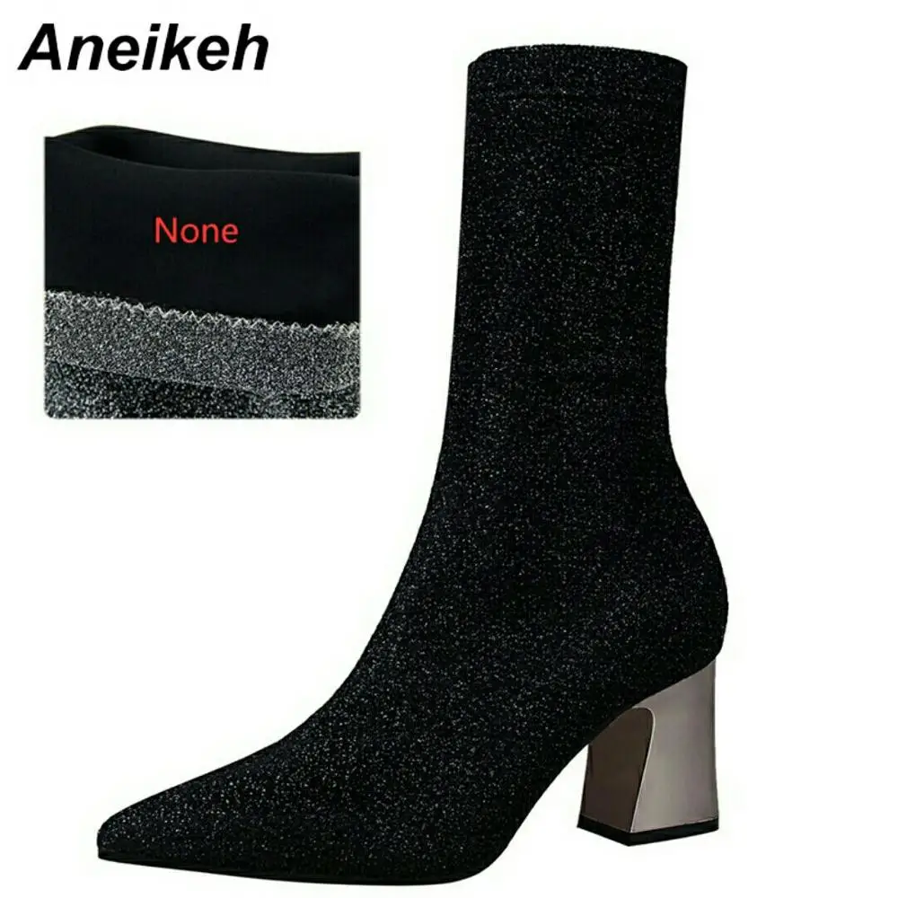 Black-None Aneikeh/ г. Модные женские зимние ботинки обувь из флока с острым носком на высоком квадратном каблуке, танцевальная Свадебная обувь черный, серый цвет, до середины икры, Размеры 35-40 - Цвет: Black-None