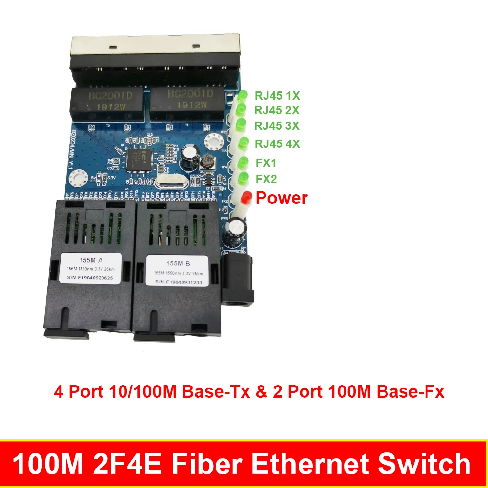 Коммутатор Ethernet Fast Erhetnet 6 шт. 2F4E 10/100 м 2 волоконных порта SC 25 км 4 UTP RJ45 волоконно