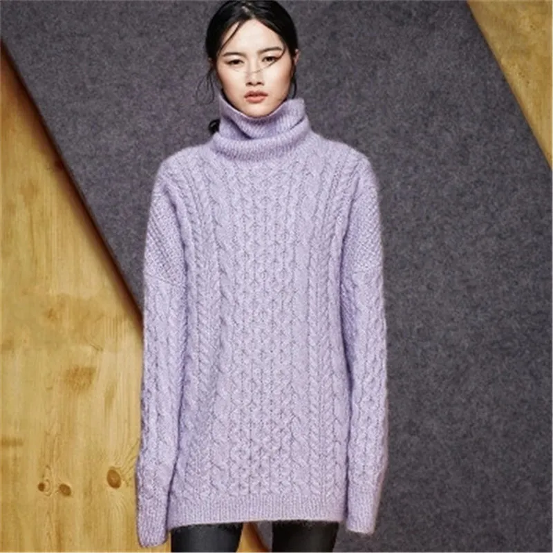

100% hand made wool knit women fashion solid turtleneck loose long pullover sweater white 6color customized