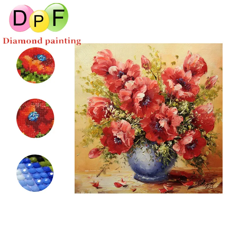 DPF Париж Эйфелева башня Алмазная вышивка ваза с красными цветами 5D крестиком на