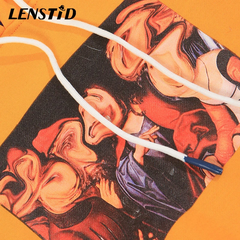 LENSTID 2019 Winter New Hip Hop Streetwear Orange Men Sweatshirt Twisted Painting Harajuku Loose Cotton Fleece Pullover Hoodie | Мужская