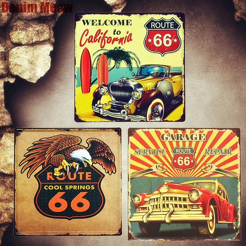 

Route 66 Vintage Metal Tin Signs Car Decorative Plates Garage Service Wall Stickers California Poster Home Decor Plaque MN80