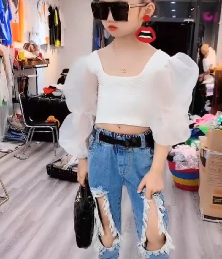 white tops Летняя Новинка; модные короткие футболки в стиле пэчворк с пышными рукавами; топы для маленьких девочек; детская футболка принцессы; детская одежда; w771 - Цвет: white tops