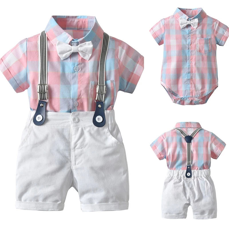 

2019 Summer 2pcs Toddler Kids Baby Boy Gentleman Outfit Clothes Pink Plaid T-shirt Top+Shorts Set