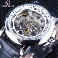 forsining mechanical watches silver stainless steel black genuine leather uhren herren skeleton clock waterproof luminous hands