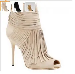 Cheap Price Hottest Black Beige Suede Fringe Ankle Bootie High Heel Peep Toe Gladiator Sandals Boots For Women Tassel shoes woma
