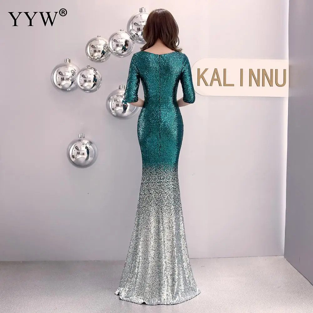 Fashion Long Evening Dresses Vintage Sequin Gradient Mermaid Dresses Women V Neck Half Sleeve Elegant Formal Club Party Vestidos