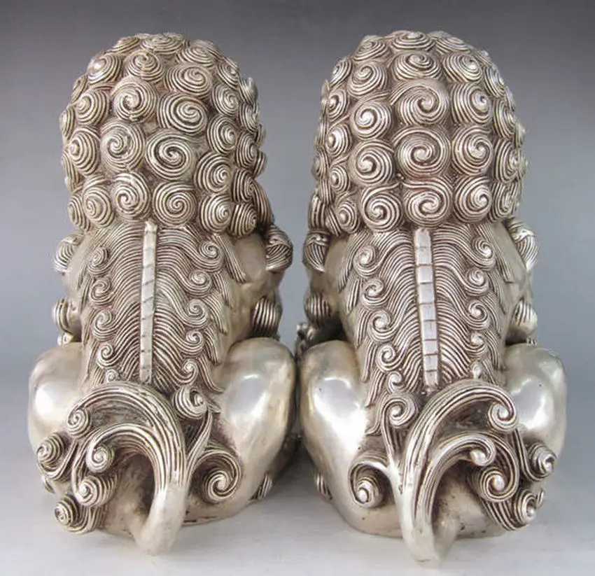 

9.8"Healing Collectibles Antique old Tibetan Silver grand silver lion statue copper tools wedding Decoration Brass Bronze