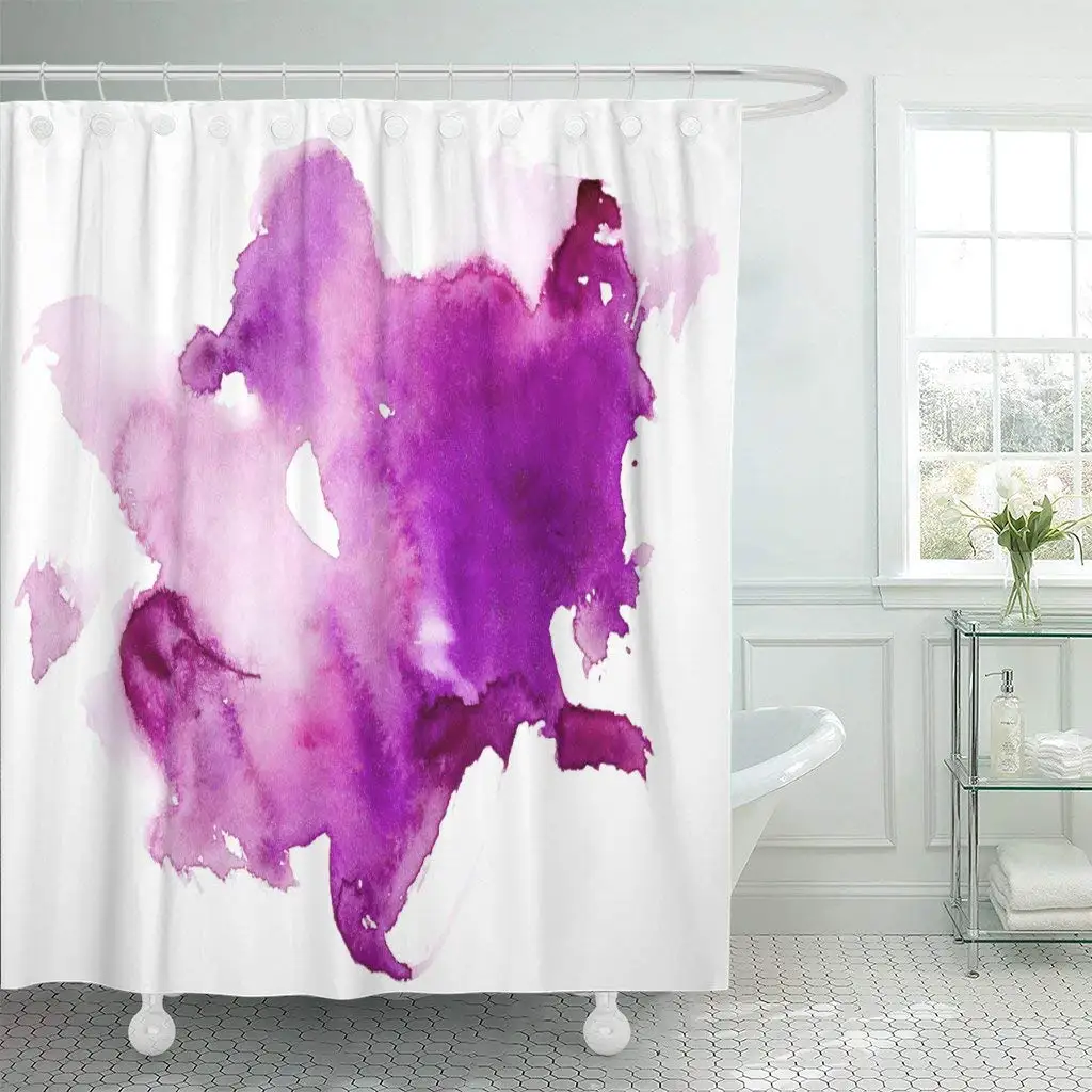 Занавеска с крючками для душа акварельные чернила фиолетовые большие пятна