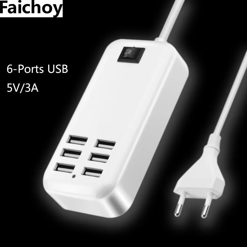 Faichoy, 6 портов, зарядное устройство USB для телефона, для iPhone, iPad, samsung, несколько настенных зарядных устройств, 5 В/3 А, адаптер EU/US, универсальный для мобильного телефона