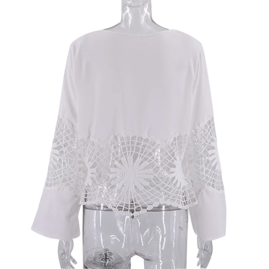 Модная женская блузка Camisas Mujer, одноцветная, с круглым вырезом, с кружевной вставкой, с полым подолом, Chemisier Femme, топы, блузки для женщин