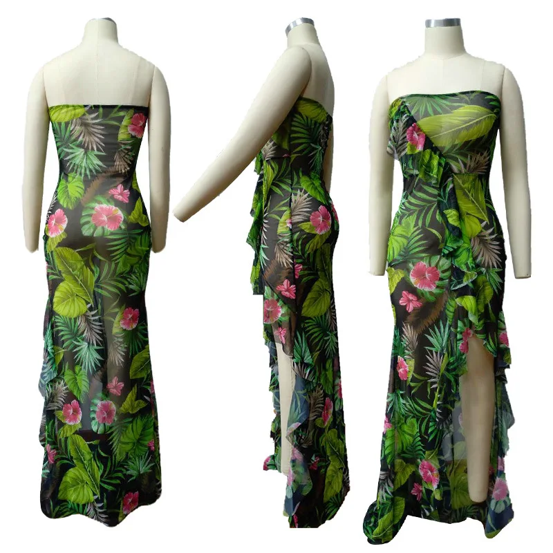 Женское Сетчатое платье с оборками летнее пляжное асимметричное цветочным