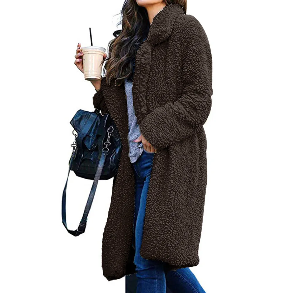 Jocoo Jolee 2021 Women Faux Fur Teddy Coat Autumn Winter Thick Warm Fluffy Long Coats Lapel Shaggy Jacket Overcoat Oversized | Женская