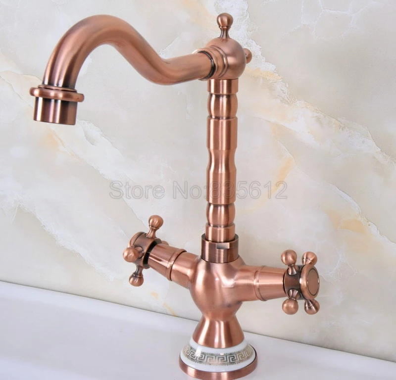 

Antique Red Copper Dual Cross Handle Kitchen Faucet & Bathroom Swivel Spout Faucets Basin Mixer Vessel Sink Tap Wnf619