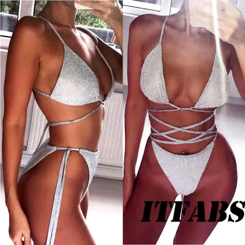 2018 Новый сексуальный женский серебристый комплект бикини бандаж пуш ап мягкий