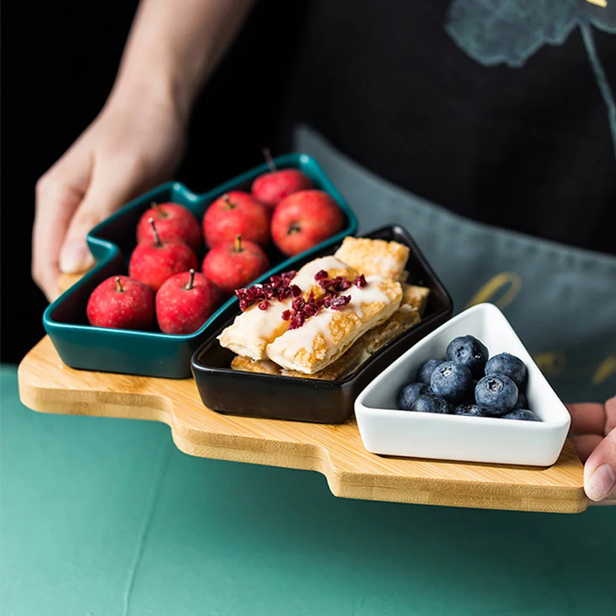 

MUZITY Ceramic Dessert Plates Christmas Trees Design Fruit Plates with Bamboo Tray Holiday Gift