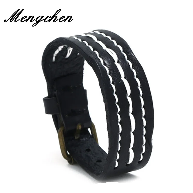 

New Arrivel Black Genuine Leather Bracelets Punk Wide Cuff Bracelets Bangles for Women Men Jewelry Wristband