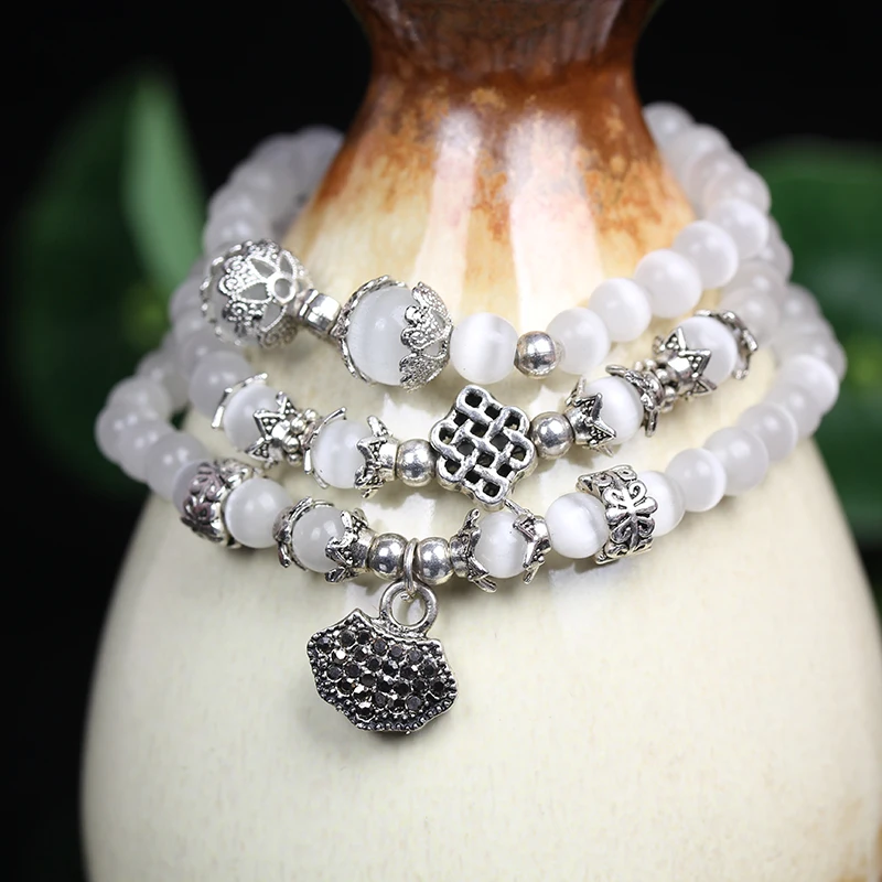 Браслет для медитаций из натурального белого опала 6 мм тибетских буддийских