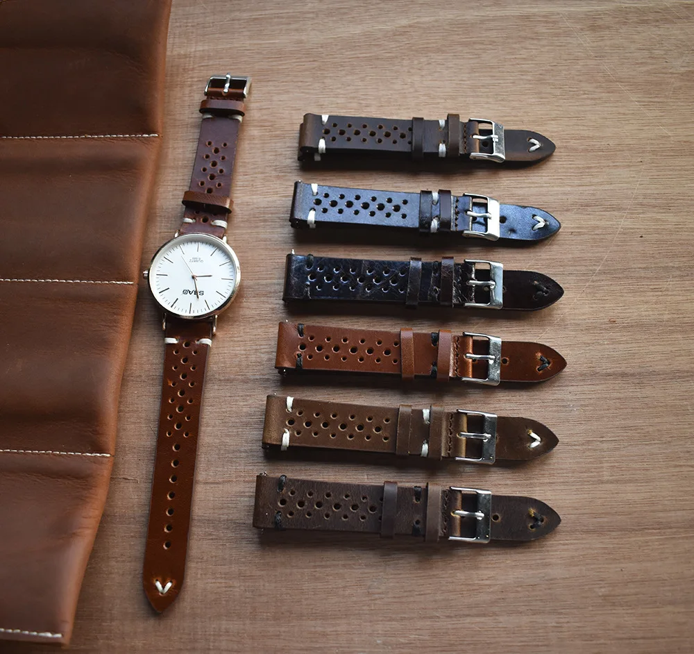 Hand Made Retro Leather Watch Band Hand-Stitched Perforated Suede Calfskin Watch Strap Bracelet 18mm 20mm 22mm