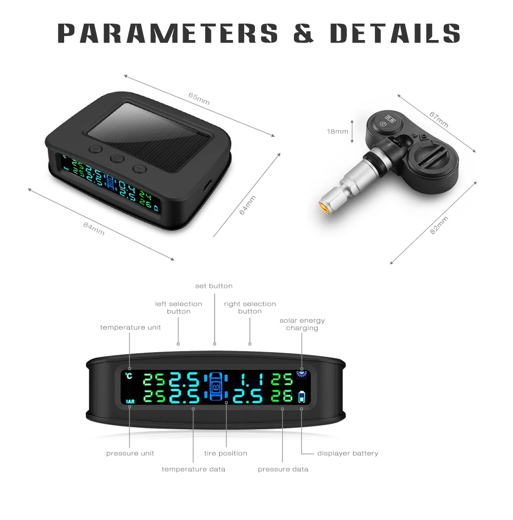 ZEEPIN C260 на солнечных батареях TPMS автомобильный монитор давления в шинах Система 4