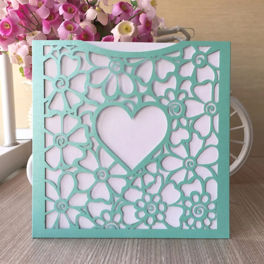 50pcs Heart Pattern card Tiffany blue color Happy Wedding Party Birthday decoration Invitation Best wishes Blessing Paper | Дом и сад